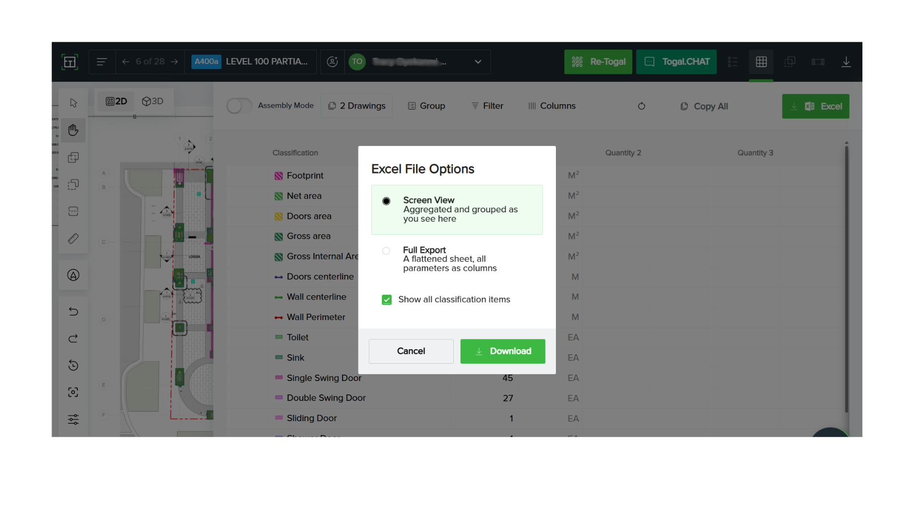 Example of how to easily export data with Togal.AI