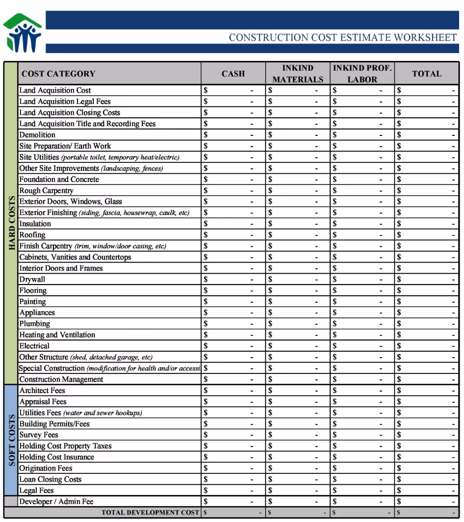 Construction cost estimate worksheet