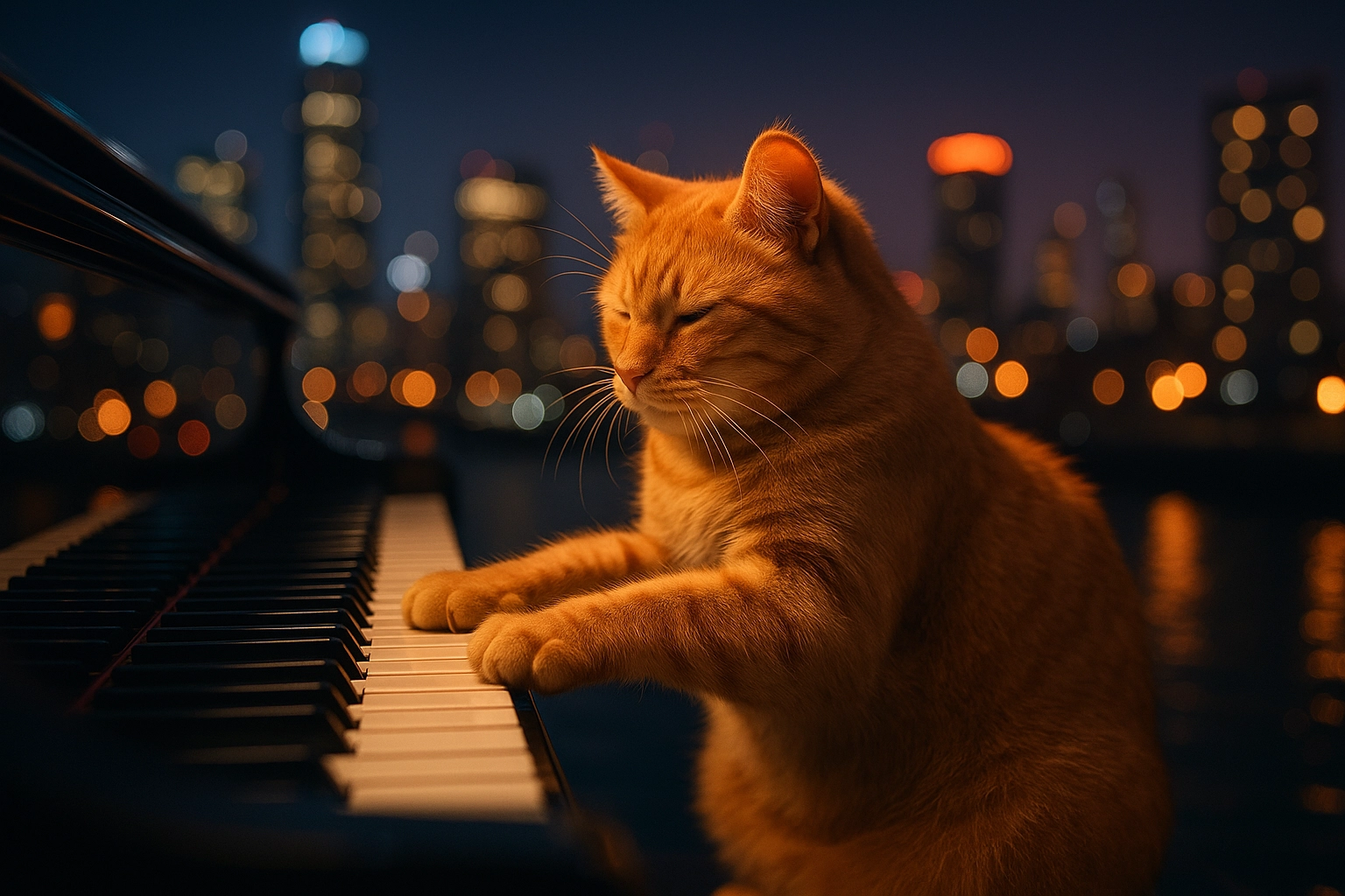 an animated video of a cat playing piano under city lights AI prompt description