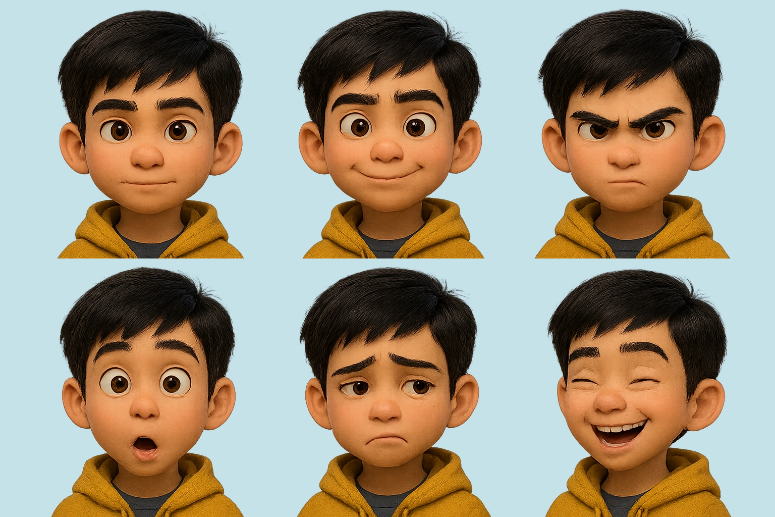 Example of a character generated by AI with different facial expressions.