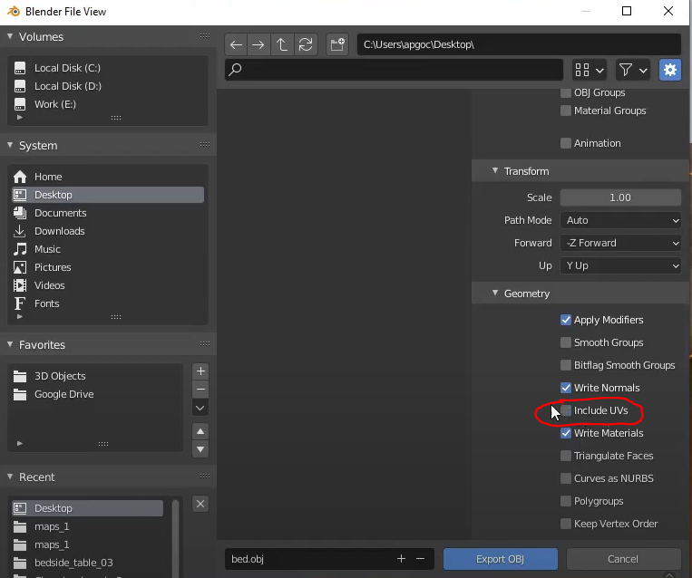 Uncheck Include UVs