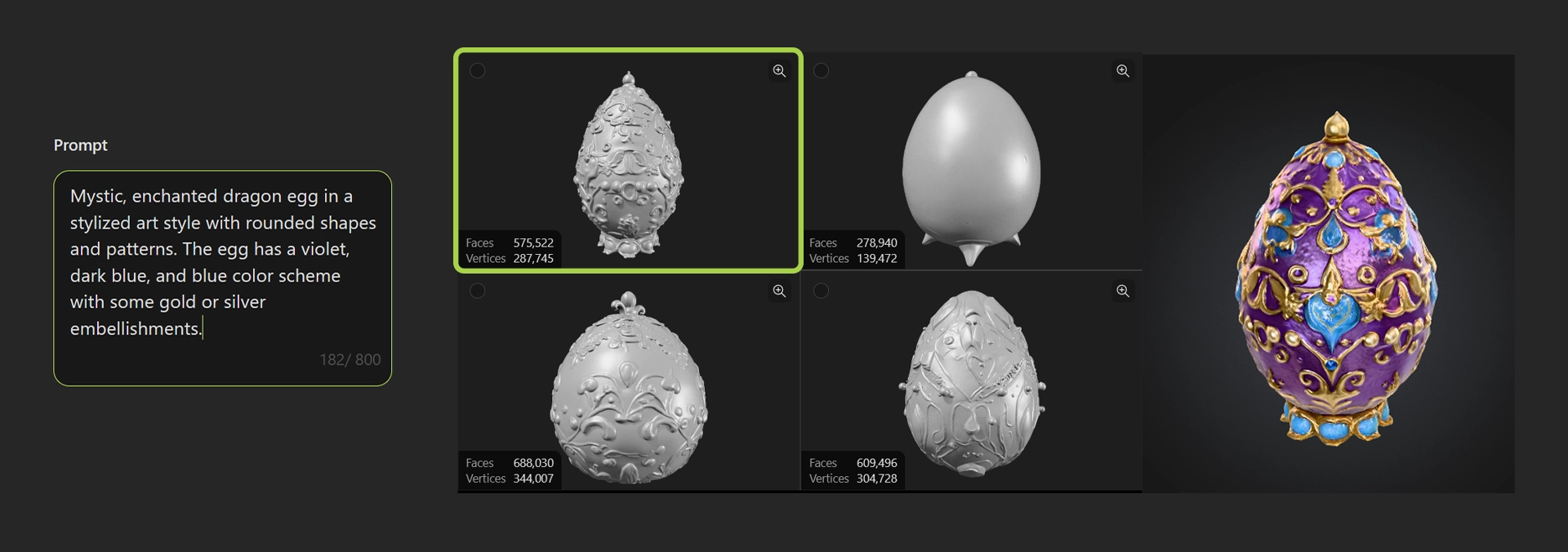 A text to 3D AI prompt of a mystic egg showcasing the model and the texture