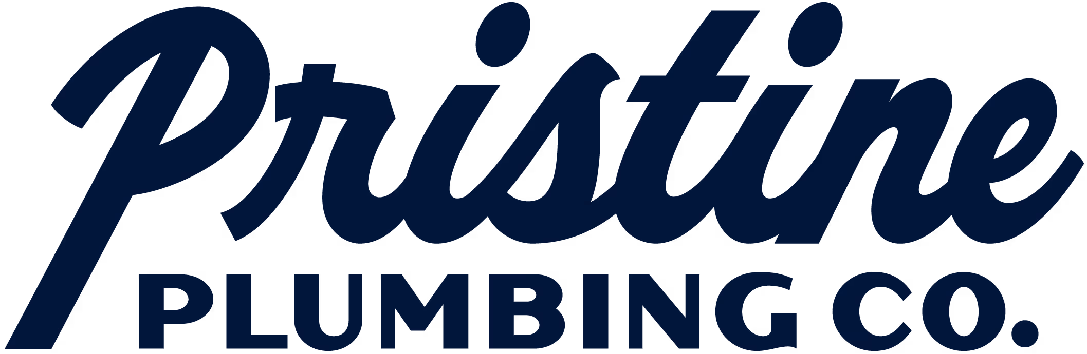 Pristine Plumbing Co. logo with 'Pristine' in cursive script and 'PLUMBING CO.' in bold uppercase letters.