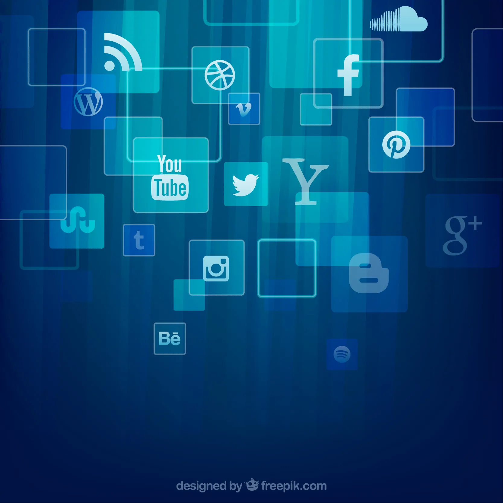 Blue digital background with floating icons of popular social media platforms like YouTube, Facebook, Twitter, Instagram, Pinterest, and more.