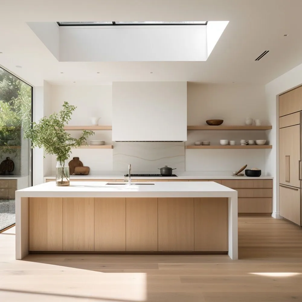 Bright kitchen with white cabinets, a wood island, open shelves, and greenery beside a large window.