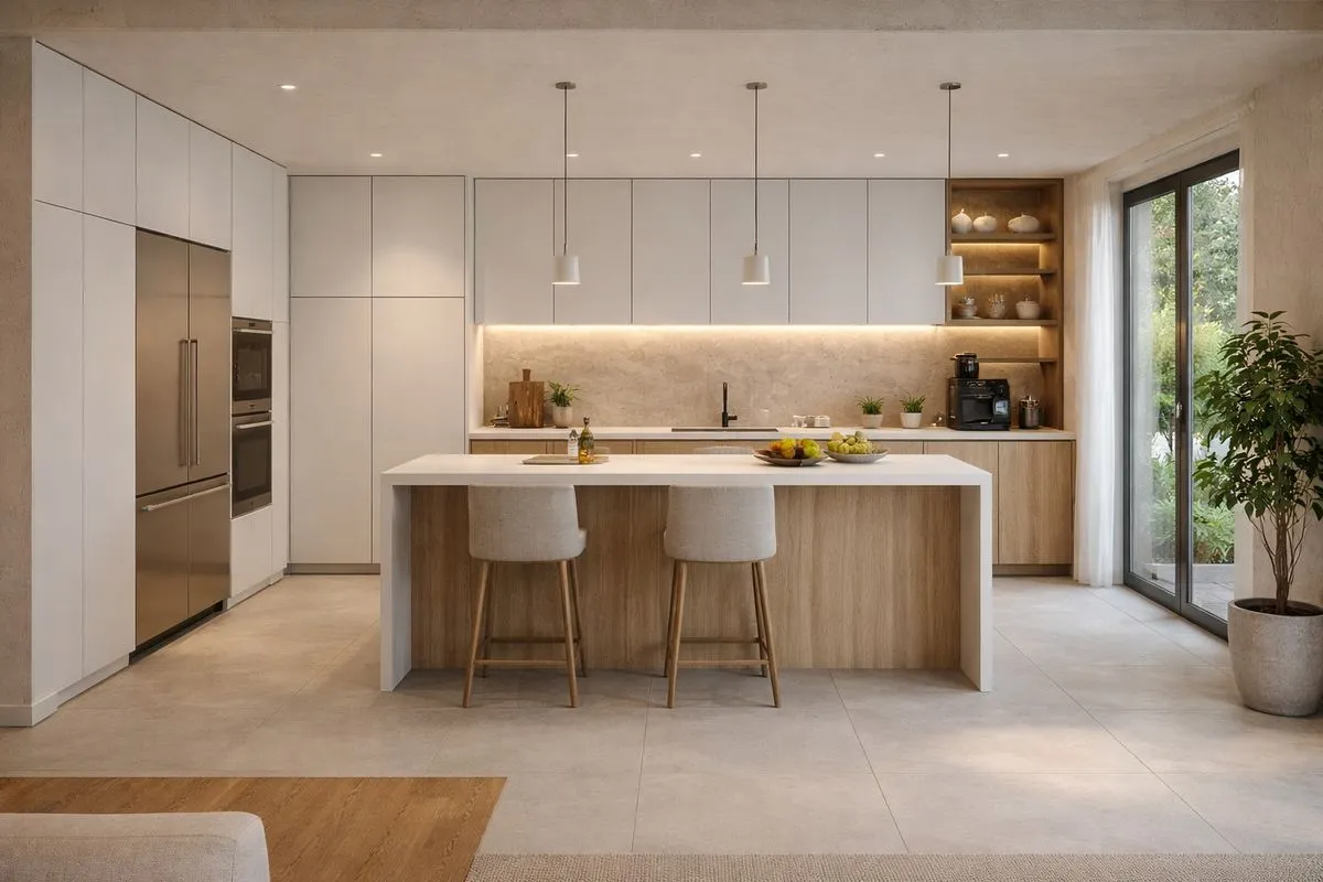 Modern kitchen with a central island, pale cabinets, pendant lights, and wide windows.