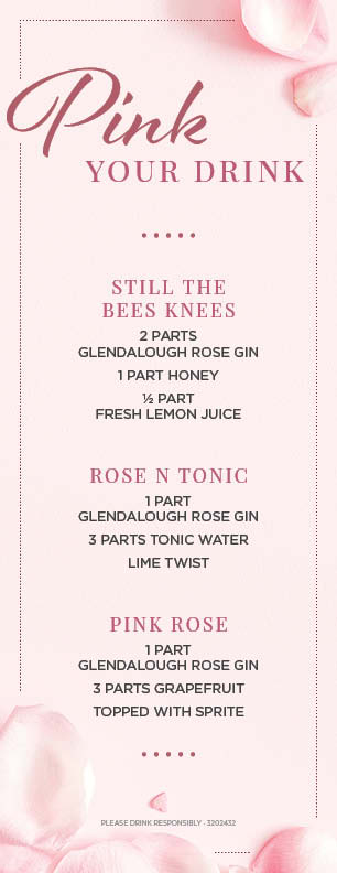 Pink-themed cocktail menu featuring Glendalough Rose Gin, a soft pink background, and light pink rose petals.