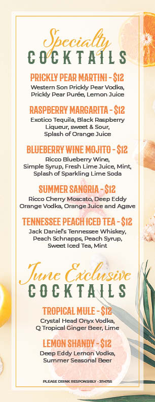 Summer-themed cocktail menu featuring citrus background and complimentary typography on a white overlay.