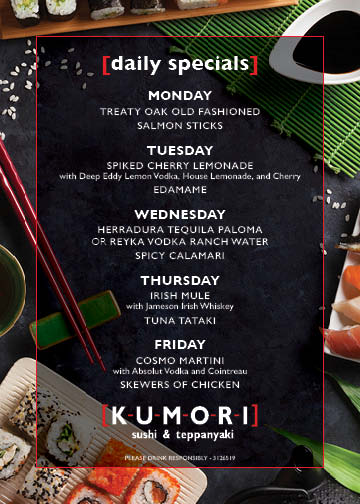 Restaurant daily specials menu designed for Kumori Sushi & Teppanyaki, combining dark textures, food photography, and typographic hierarchy.