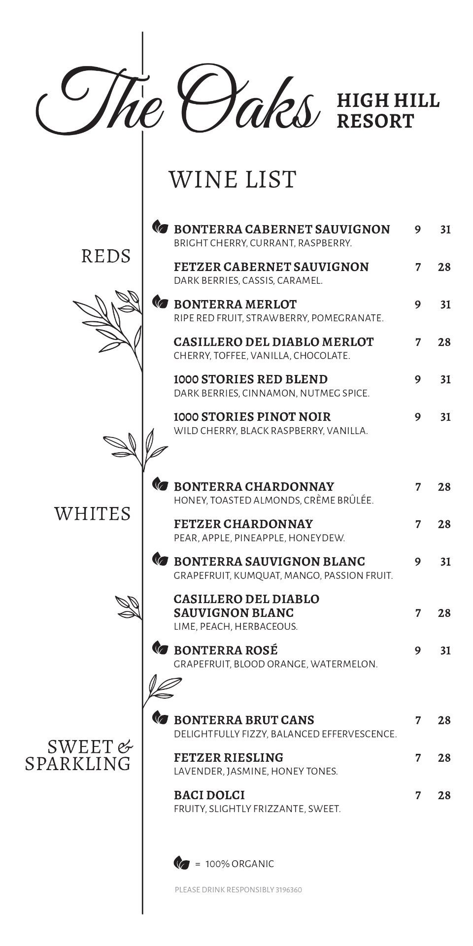 Restaurant wine list designed for The Oaks High Hill Resort, featuring a minimal design with black typography and floral elements.