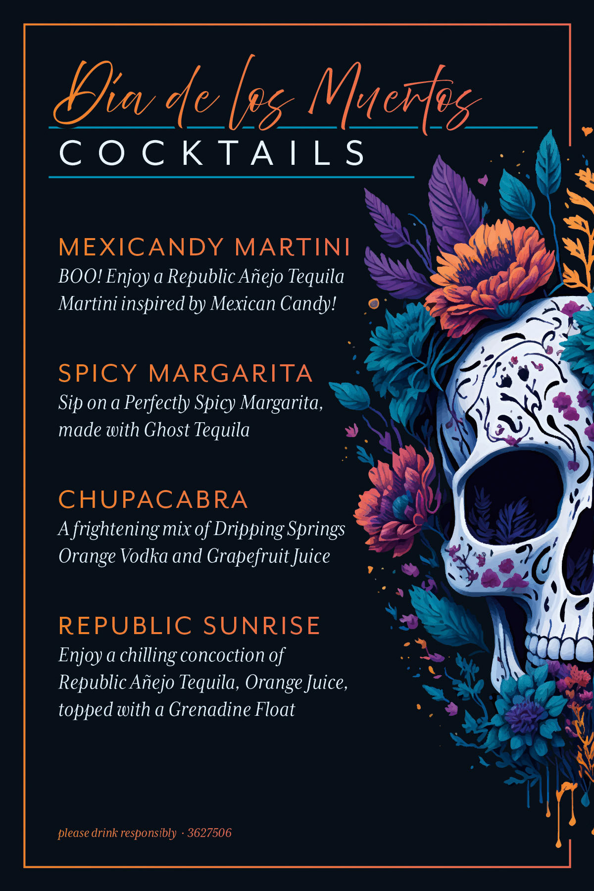 Dia de los Muertos cocktail menu featuring sugar skull illustrations, floral elements, and high-contrast typography on a dark backdrop.