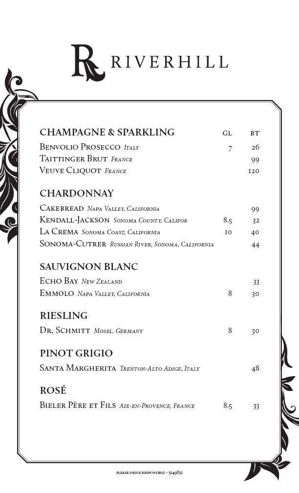 Restaurant wine list designed for Riverhill, featuring a minimal design with black typography and floral elements that compliment their logo.