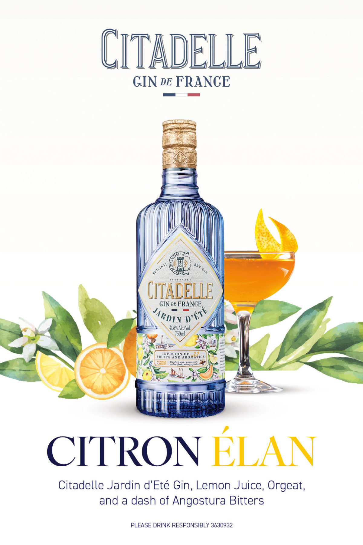 Design feature for Citadelle Gin featuring the Jardin d’Été bottle, a citron cocktail, illustrated citrus, and refined typography.