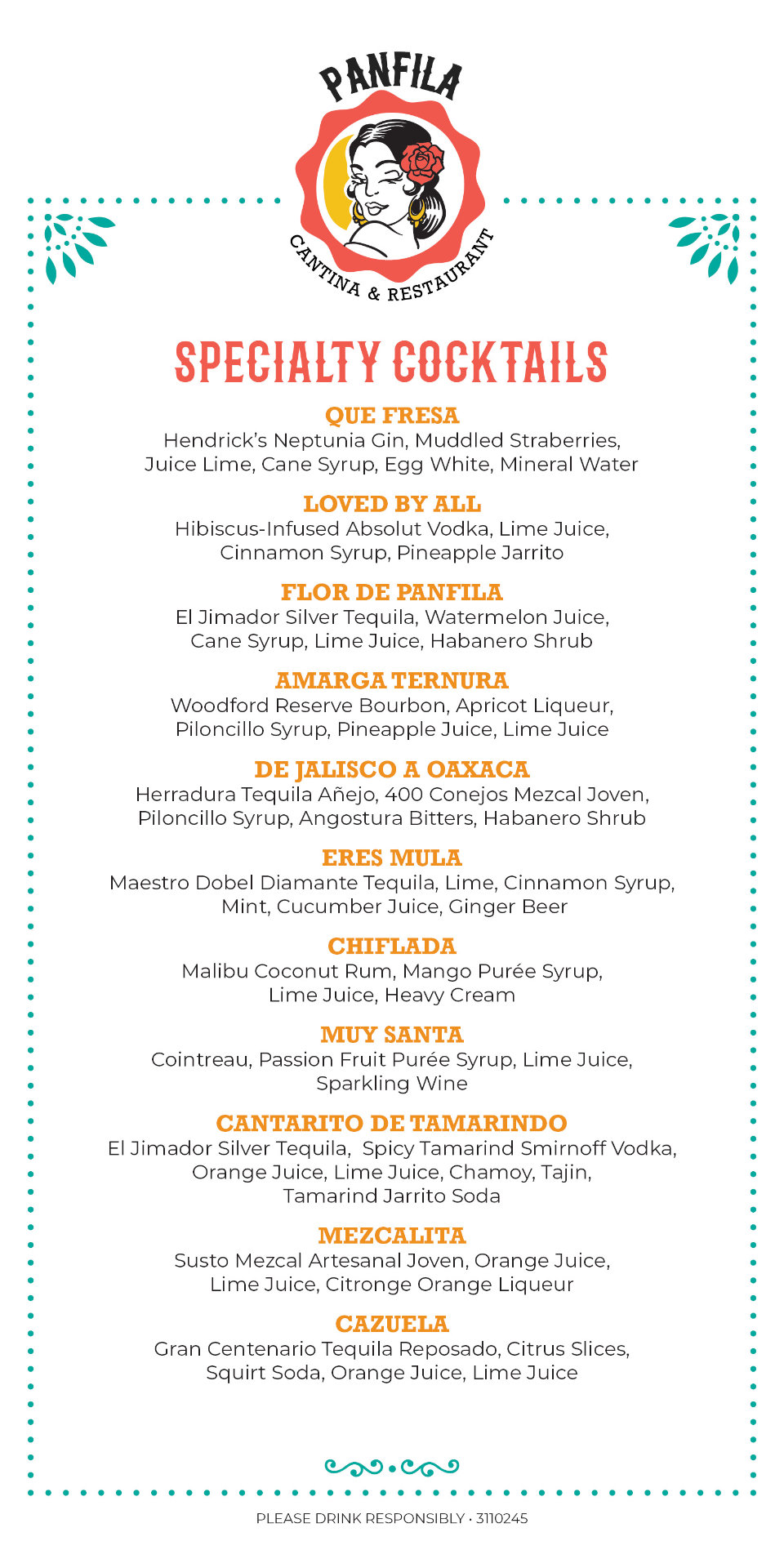 Restaurant drink menu for Panfila Cantina & Restaurant featuring a subtle Mexican theme, pops of color, and complimentary typography.