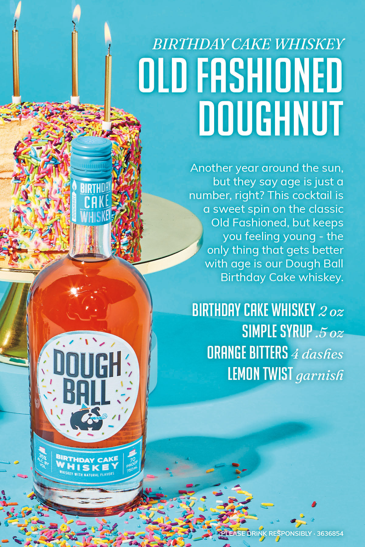 Design feature for Dough Ball Whiskey showing the Birthday Cake bottle, sprinkle cake with candles, blue background, and cocktail recipe.