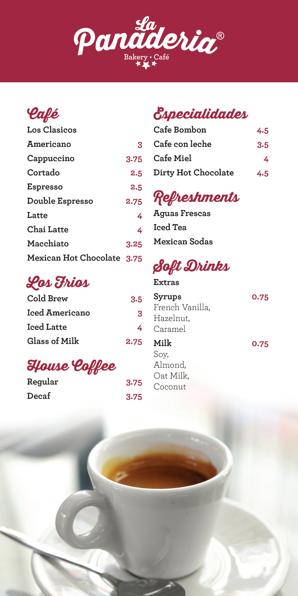 Restaurant drink menu designed for La Panderia Bakery and Cafe, featuring soft red accents, strong typography hierarchy and a cup of espresso.
