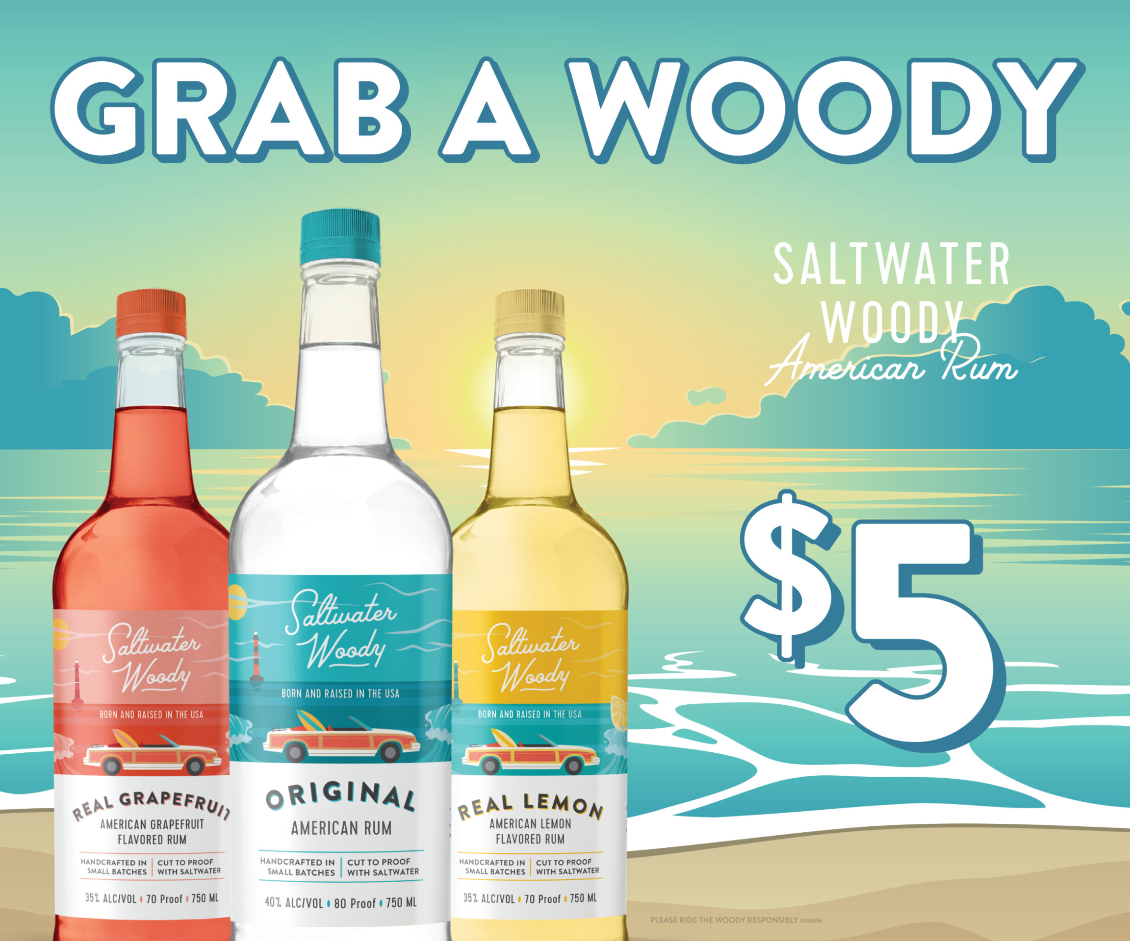 Design feature for Saltwater Woody American Rum showcasing three bottles over a soft illustrated beach sunset with bold headline and price.