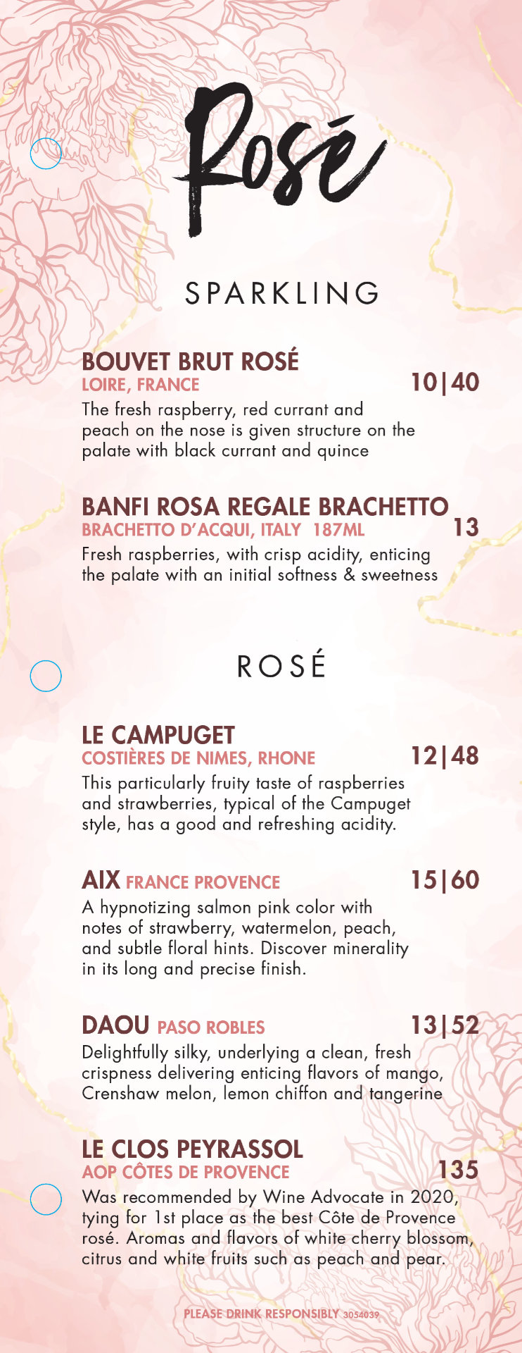 Pink-themed Rosé wine list featuring a soft pink marble background, soft floral elements, and pops of pink type.