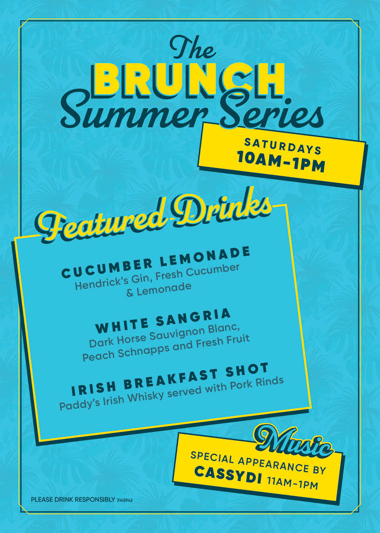Design feature for The Brunch Summer Series, featuring vibrant blue and yellow color scheme, featured drinks and musical appearance callout.