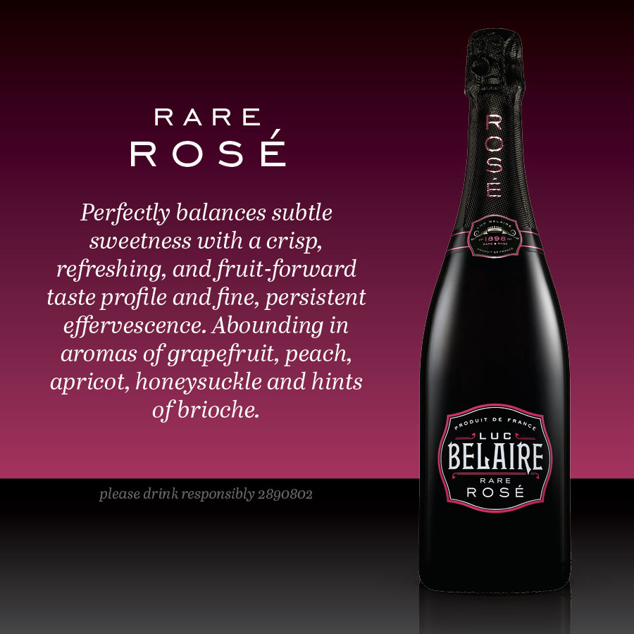 Design feature for Luc Belaire showing the Rare Rosé bottle, varietal name and tasting notes on a pink and black background.