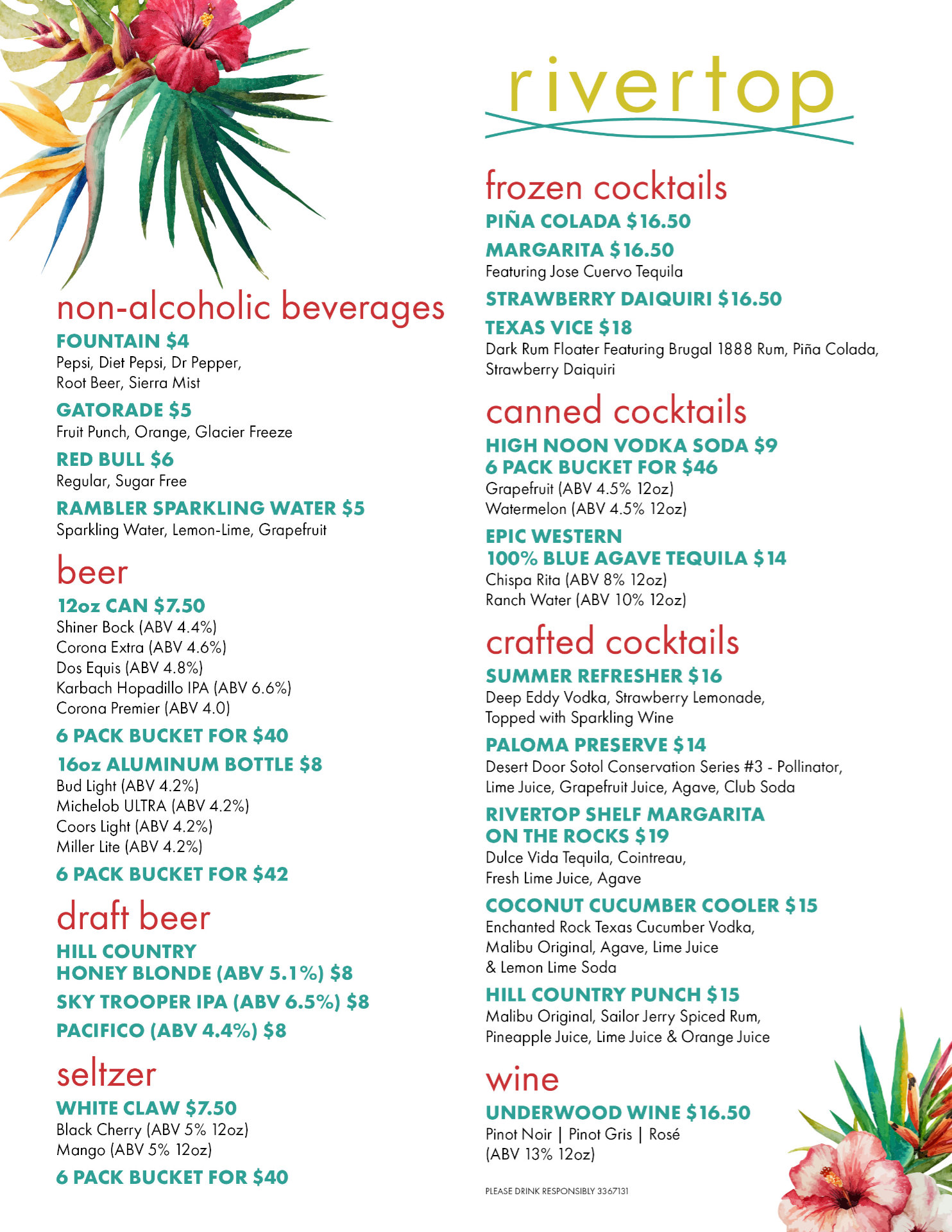 Restaurant menu for Rivertop Restaurant featuring a bright tropical theme with colorful typography on a white background.