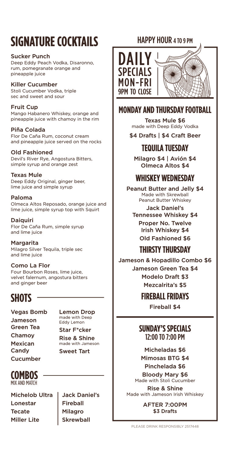 Restaurant drink list designed for El Buho, featuring a contemporary design with brown typography and peeking owl.