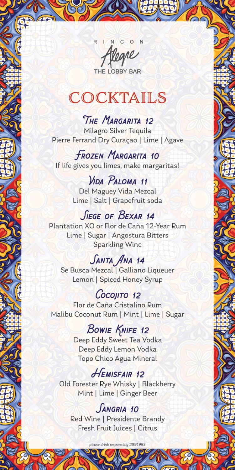 Restaurant cocktail menu for Rincon Alegre featuring a colorful Mexican tile background with a drink list on a white overlay.