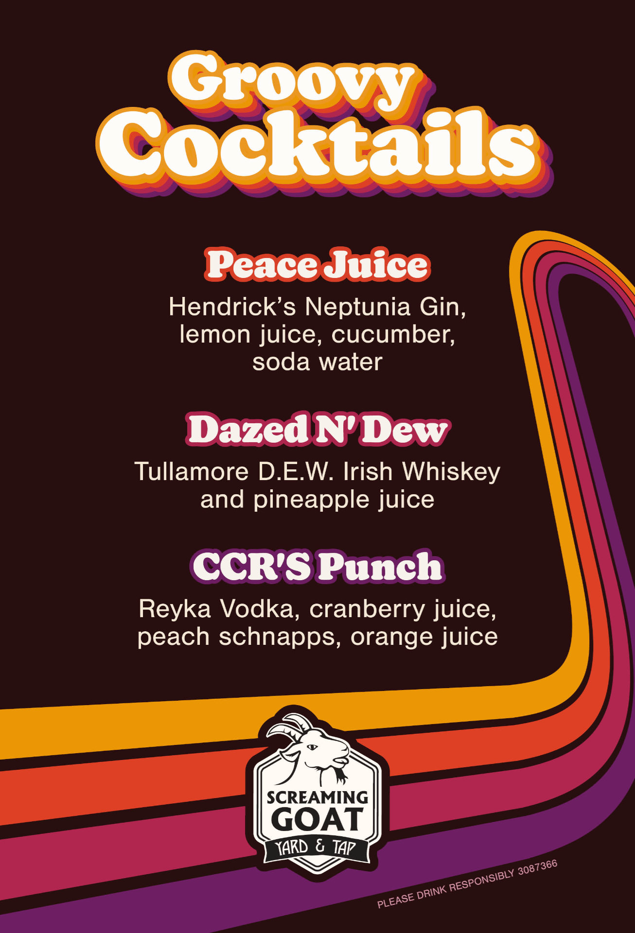 Retro-themed "Groovy" cocktail menu featuring a mix of earthy and vibrant design elements and rounded letterforms.