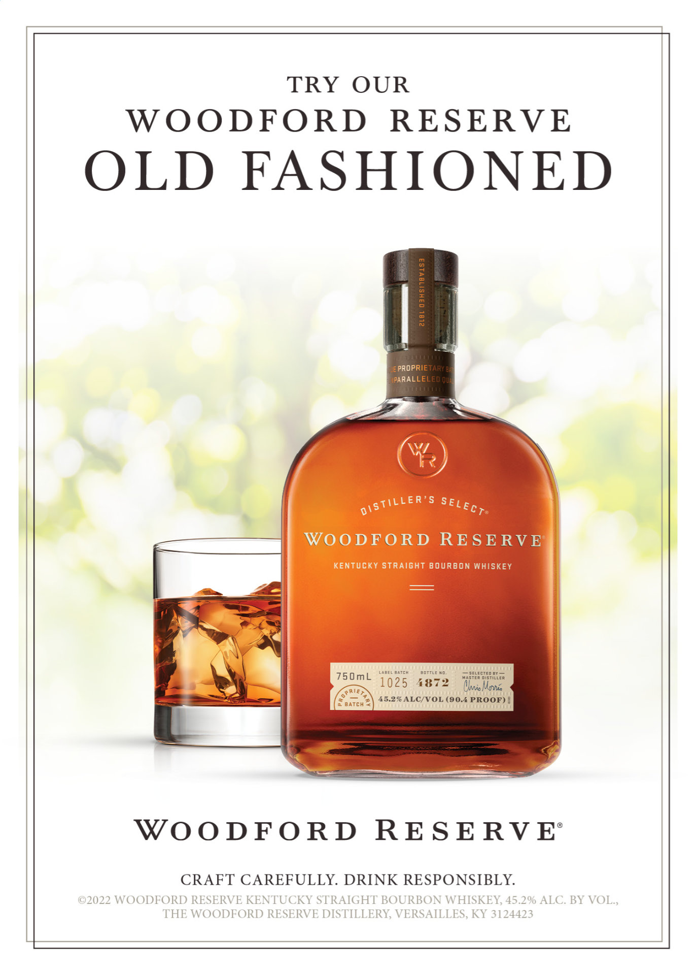 Design feature for Woodford Reserve featuring bottle, an old fashioned cocktail, soft leafy background, and clean typographical elements.