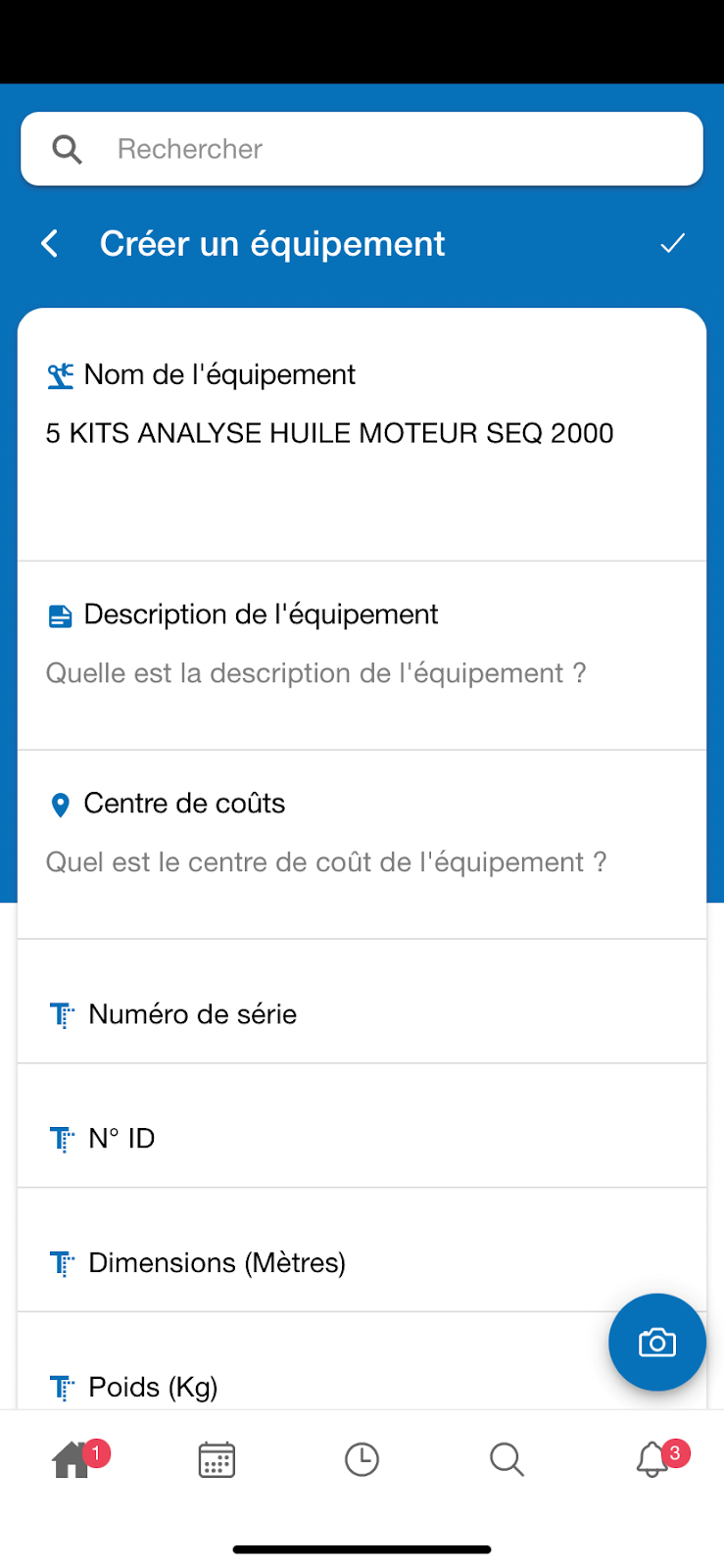 GMAO mobile création équipement