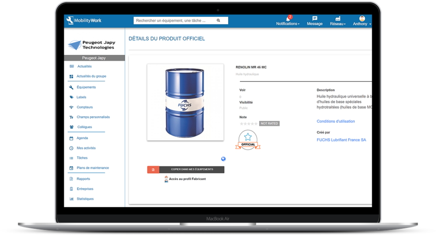 Retrouvez les lubrifiants Fuchs dans votre application de maintenance