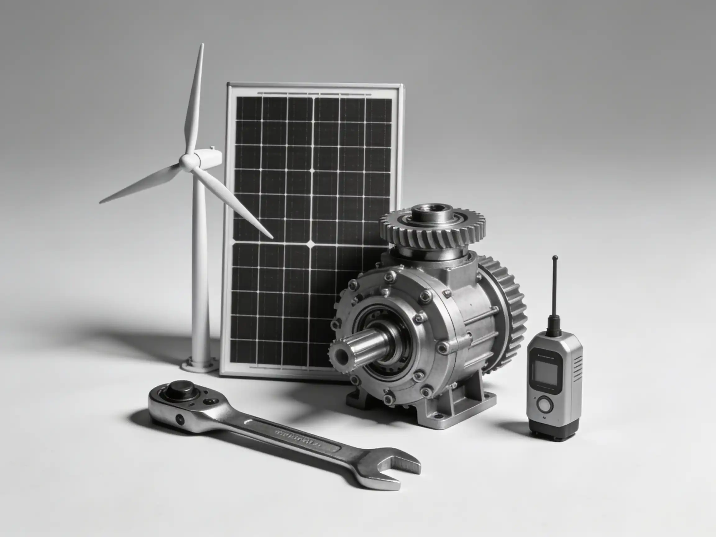 Mantenimiento de sistemas solares y eólicos en planta industrial con inspección técnica y herramientas.