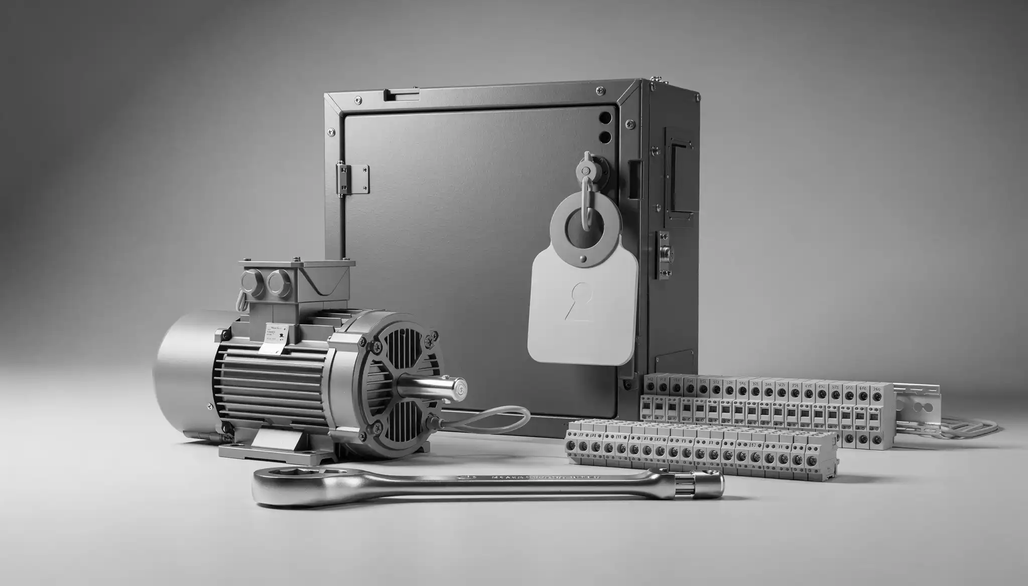 Programa de formación industrial a medida en España: componentes técnicos y control industrial en render monocromo.