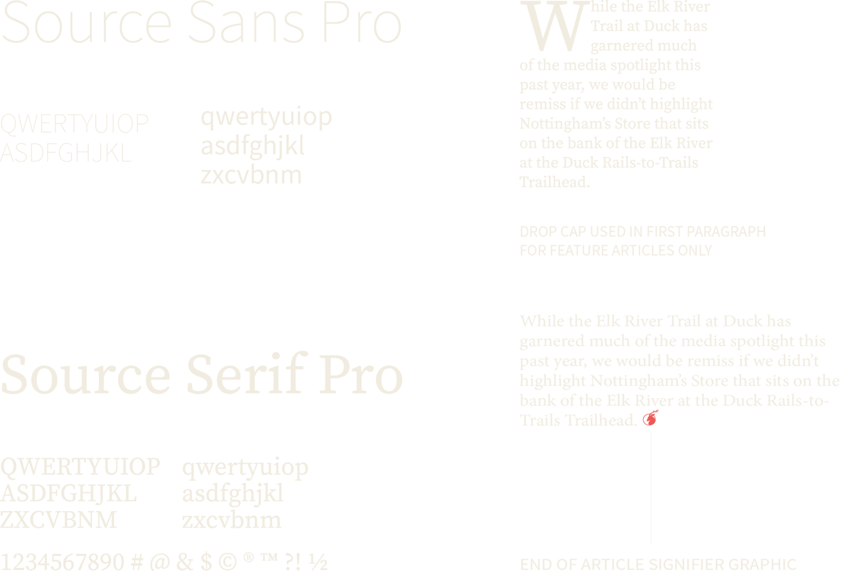 The Elk River Living type system - Source Sans Pro and Source Serif Pro specimens with alphabets, numerals, a drop-cap sample, and the end-of-article elk mark