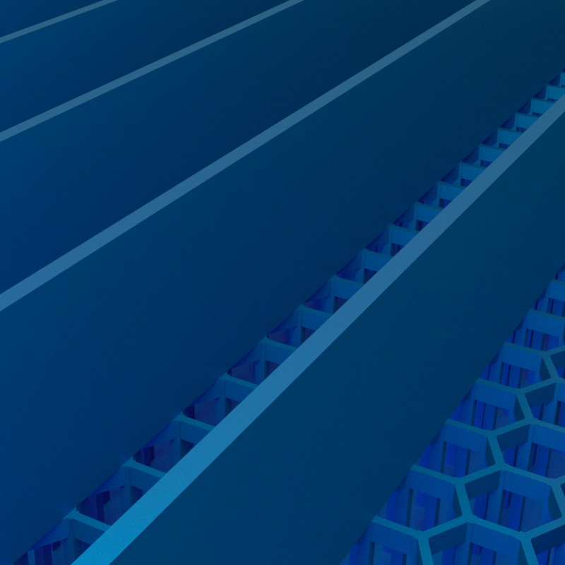A rendered butterfly scale in blue: longitudinal ridges over a honeycomb lamina, lit from above.