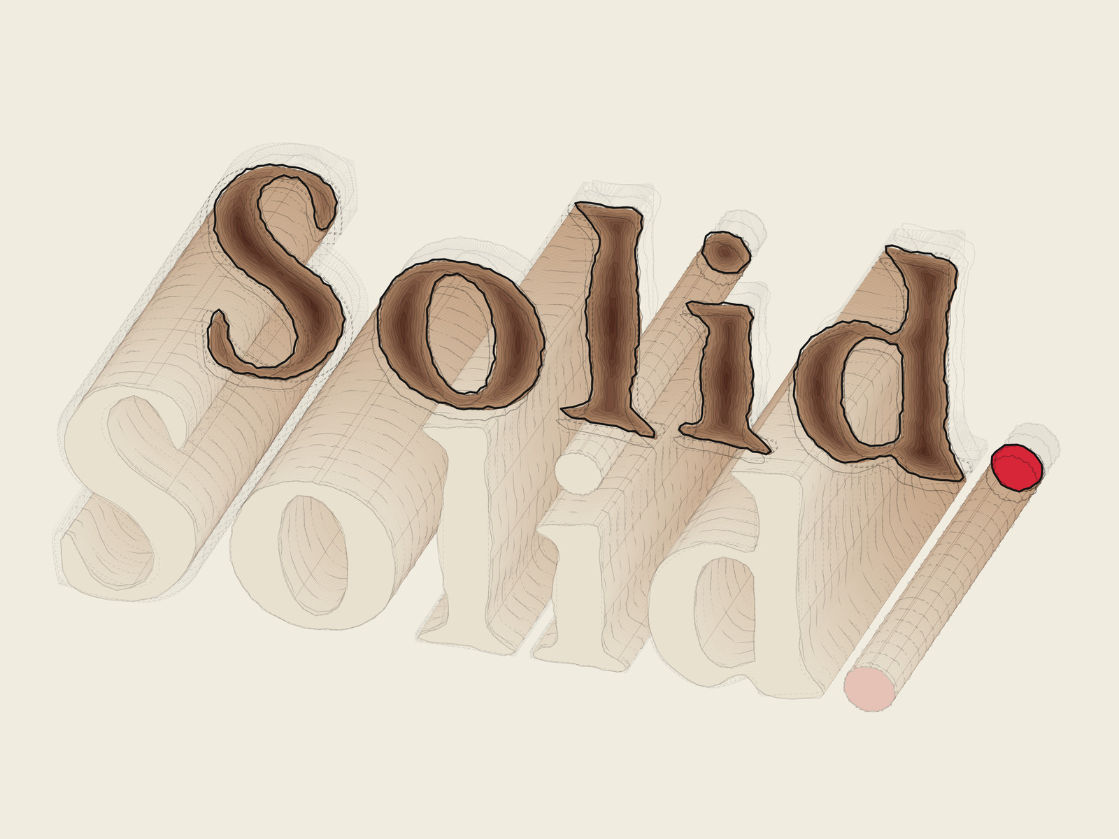 The word “Solid.” run through the instrument: the letters cut dark at the plane, their bodies running back on a diagonal, and the word again, pale, at the far end.