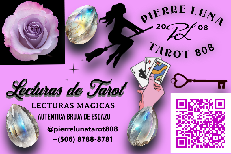 Tarjeta de presentacion de Pierrelunatarot808 Lecturas de Tarot Magicas Autentica Bruja de Escazu +(506) 8788-8781. Rosa lila y una silueta de bruja joven volando sobre su escoba, y tres piedralunas. Codigo QR