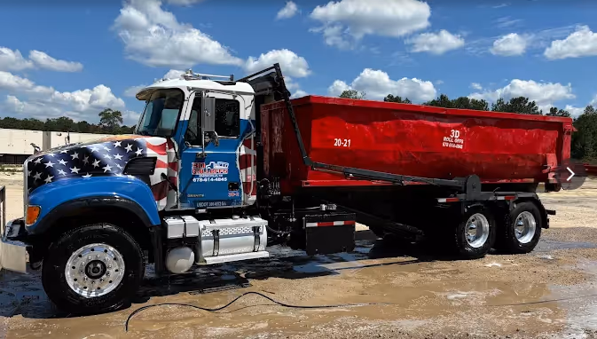 3D Roll Offs truck and dumpster on a job site local dumpster rental service near me