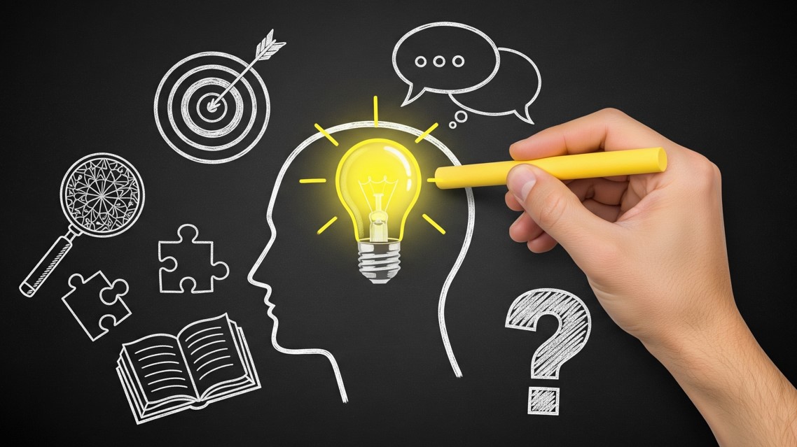 Hand drawing a yellow light bulb inside an outline of a human head on a blackboard surrounded by white chalk drawings of a target with arrow, speech bubbles, question mark, magnifying glass, puzzle pieces, and an open book.