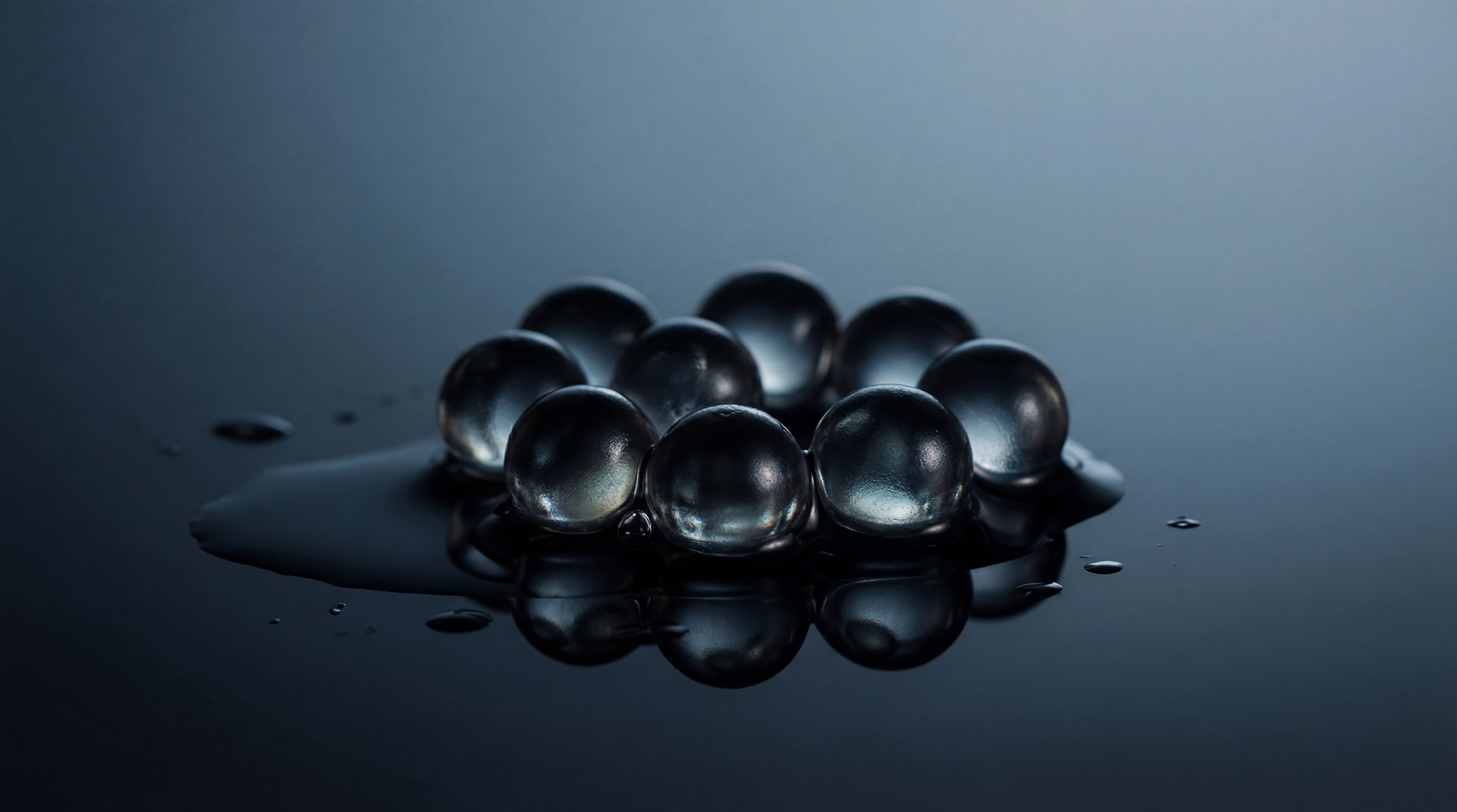 A close-up of transparent gel spheres arranged in a circle on a reflective dark surface with water droplets.