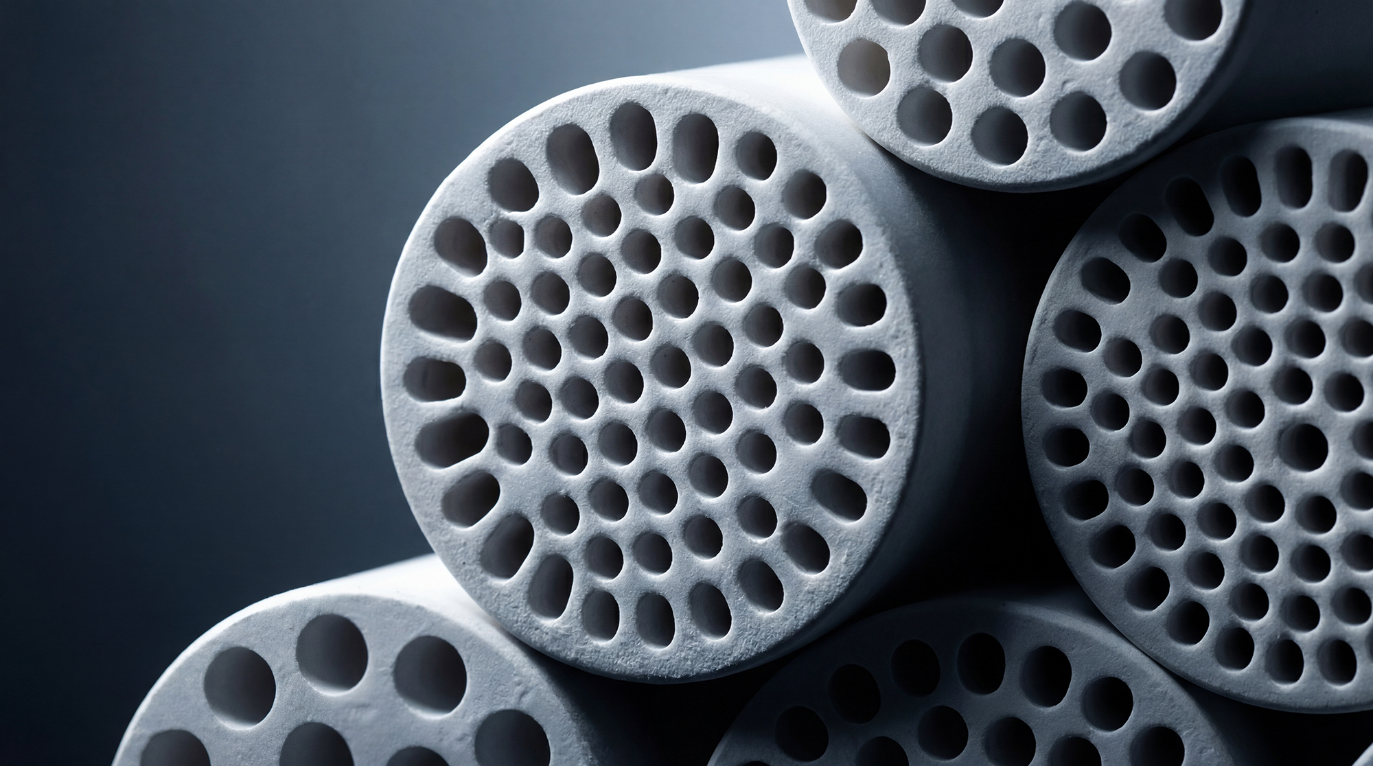 Close-up of white cylindrical ceramic membrane filters with multiple round pores.