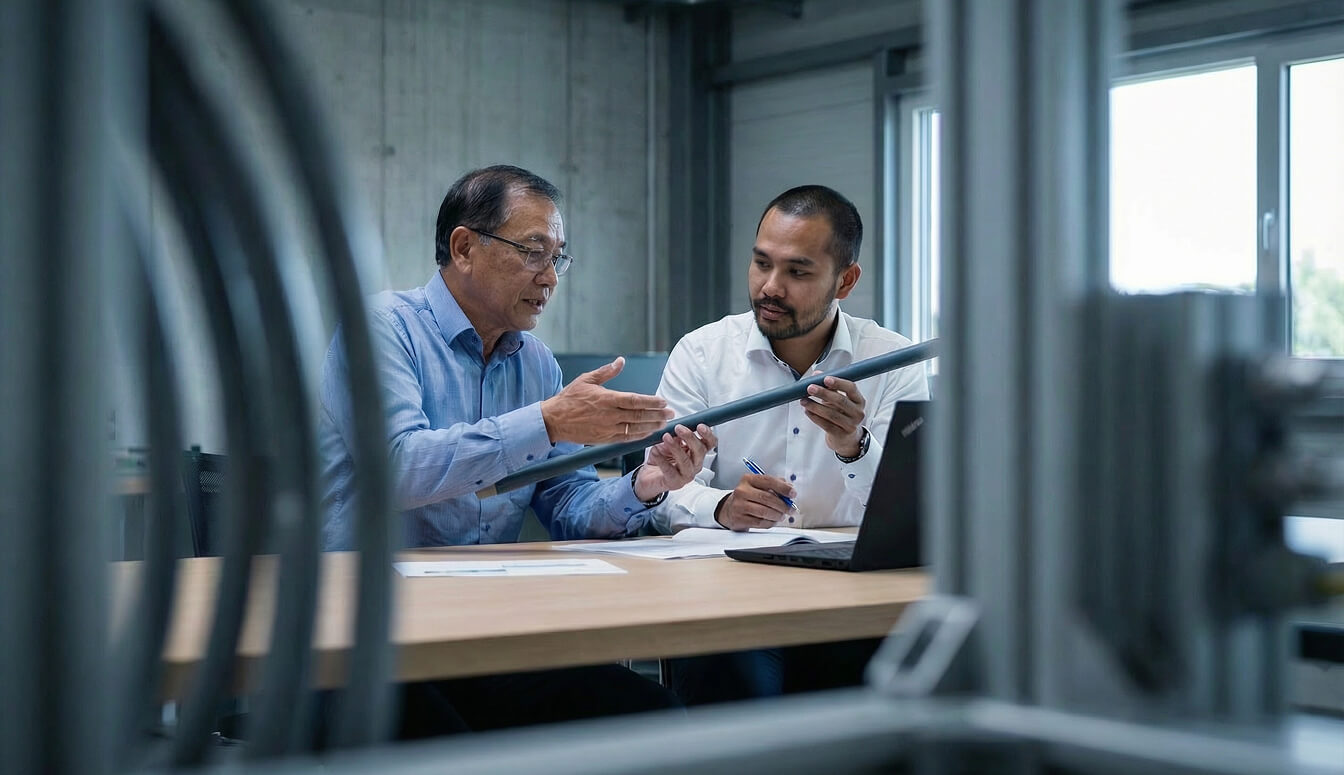 Two men in an industrial setting discussing and examining a metal pipe at a desk with a laptop.