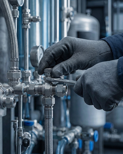 Gloved hands using a wrench to adjust a valve on stainless steel piping in an industrial setting.