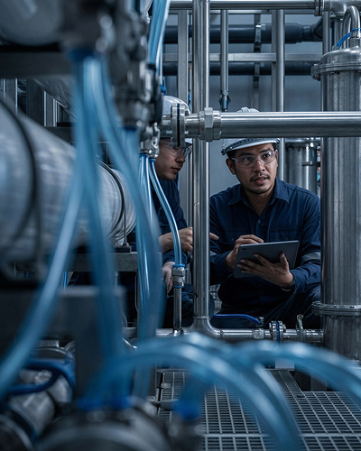 Two engineers wearing safety glasses and helmets inspecting industrial pipes, one holding a tablet.