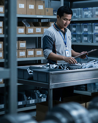 Warehouse worker inspecting equipment parts on a metal table with shelves of labeled boxes in the background.