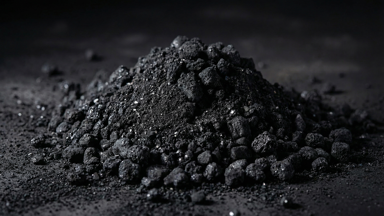 Pile of porous black charcoal granules on a dark surface with scattered small particles.