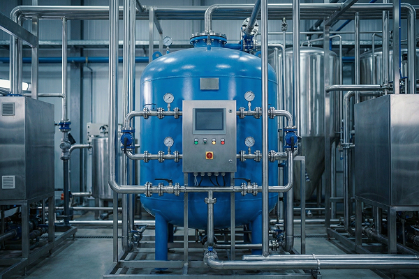 Blue industrial filtration tank with connected stainless steel pipes and control panel in a factory setting.
