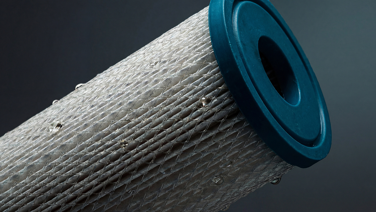 Close-up of a cylindrical water filter cartridge with droplets on its surface.