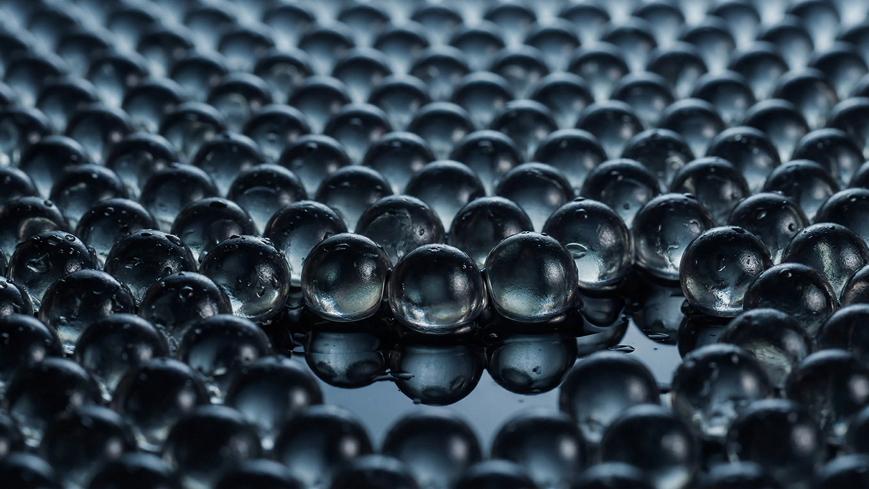 Close-up of many transparent water beads arranged in rows on a reflective surface.