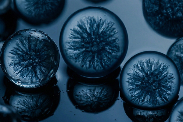 Close-up of translucent blue spheres with intricate flower-like patterns inside on a reflective surface.